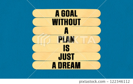 Goal and Plan Symbol. Concept word A Goal Without A Plan Is Just A Dream on beautiful wooden stick. Beautiful Blue Chart Paper Background. Business and Goal and Plan concept. Copy space 122346112