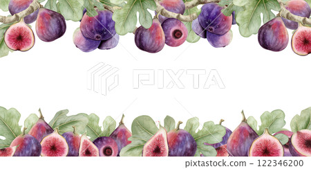 Horizontal figs fruits watercolor banner isolated on white. Hand drawn illustration frame or long label template with copy space. Summer berries on tree branches for tropical food designs Horizontal figs fruits watercolor banner isolated on white. Hand drawn illustration frame or long label template with copy space. Summer berries on tree branches for tropical food designs 122346200