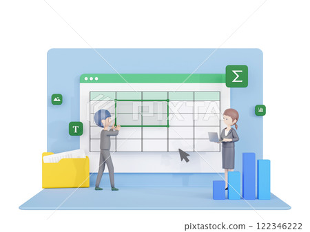 3DCG | Two male and female office workers entering and checking data in Excel 122346222