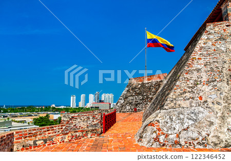 Colombian flag at the Castillo San Felipe de Barajas Fortress in Cartagena de Indias, Colombia Colombian flag at the Castillo San Felipe de Barajas Fortress in Cartagena de Indias, Colombia 122346452