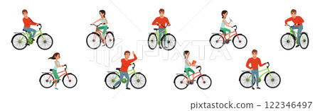 Man and Woman Riding Bicycle Enjoy Outdoor Recreation Vector Set 122346497