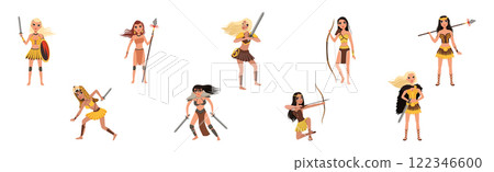 Beautiful Amazon Girls as Ancient Warrior Characters Vector Set Beautiful Amazon Girls as Ancient Warrior Characters Vector Set 122346600