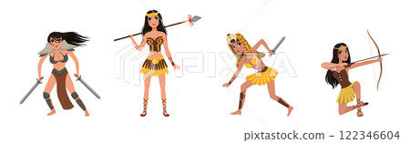 Beautiful Amazon Girls as Ancient Warrior Characters Vector Set 122346604
