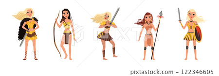 Beautiful Amazon Girls as Ancient Warrior Characters Vector Set 122346605