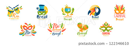 Brazilian Carnival Logo and Bright Label Design Vector Set 122346610