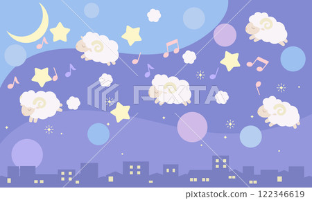 Illustration of a sheep, stars and musical notes Illustration of a sheep, stars and musical notes 122346619