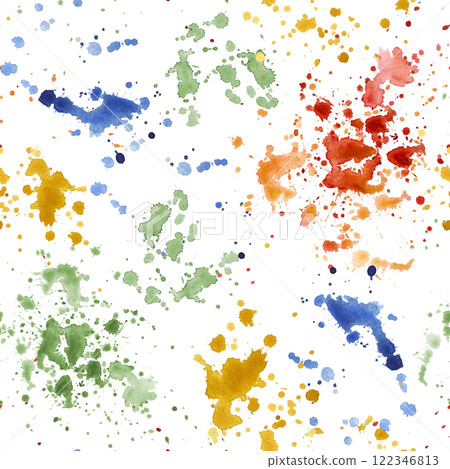 Colorful watercolor splashes seamless pattern on white background. Artistic abstract paint drops in red, blue, green, and yellow. Stains texture for design fabric, wallpaper, wrapping paper. Colorful watercolor splashes seamless pattern on white background. Artistic abstract paint drops in red, blue, green, and yellow. Stains texture for design fabric, wallpaper, wrapping paper. 122346813