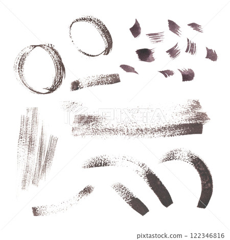 Dynamic brush marks: lines, splashes, dots, smudges and swirls watercolor dark isolated. Set of expressive lines, sweeps and rough textures. Various shaped of brush strokes circles, stripes, figures. 122346816