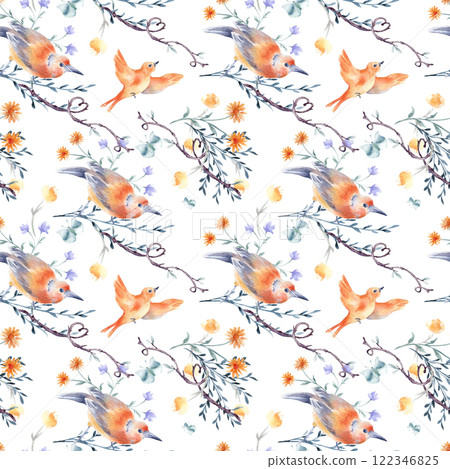 Watercolor seamless pattern of nature, birds, butterfly and tree branch hand drawn isolated. Floral romantic design textile in orange. Birds and hearts on repeated background for Valentine day. Watercolor seamless pattern of nature, birds, butterfly and tree branch hand drawn isolated. Floral romantic design textile in orange. Birds and hearts on repeated background for Valentine day. 122346825
