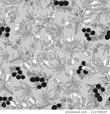A stunning and beautiful monochrome illustration that features intricate floral patterns and berry motifs 122346847