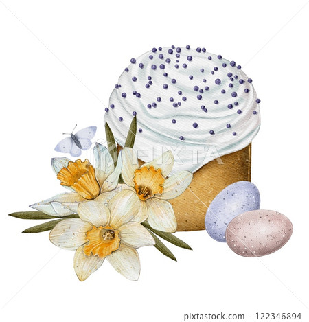 Watercolor Easter Cake with Daffodils and Eggs 122346894