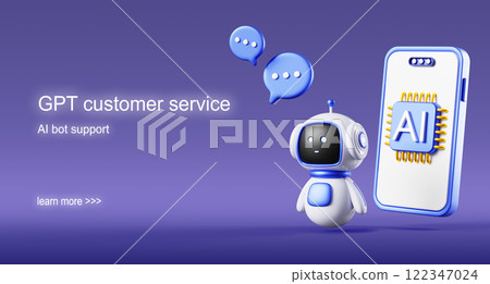 GPT customer service 3d banner. Mobile chatbot app with ai chip on screen, robot bot, speech bubble chat. ChatGPT technology online communication, support with artificial intelligence. 3D illustration GPT customer service 3d banner. Mobile chatbot app with ai chip on screen, robot bot, speech bubble chat. ChatGPT technology online communication, support with artificial intelligence. 3D illustration 122347024