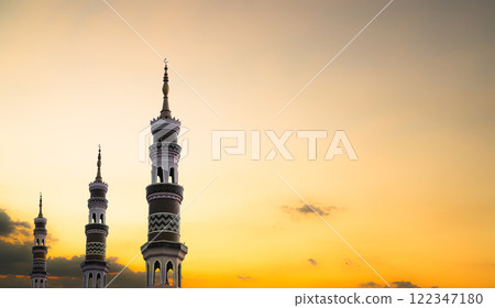 Musque Dome Night Building with Sky Moon Sunset Background Mubaruk Greeting Islam Ramadan Element Masjid Aqsa Hajj Kaaba Umrah Eid Arabian Religion Islamic Muhammad Arab Muslim Greeting. 122347180
