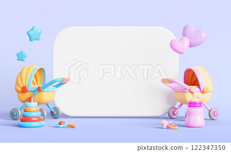 Gender reveal party boy or girl invitation card template 3d render. Blank white banner with blue pink baby stroller, bottle, toys, flying stars and hearts decoration for holiday event. 3D illustration 122347350