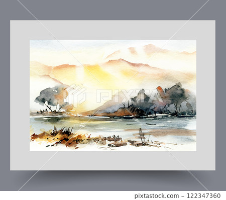 Scenery with river flowing near mountains illuminated by bright rays sun and trees growing on shore Scenery with river flowing near mountains illuminated by bright rays sun and trees growing on shore 122347360