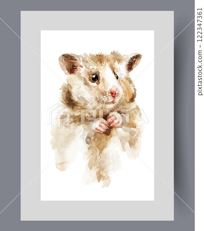 Small hamster with big cheeks and body covered with brown fur on wall art. Watercolor artwork Small hamster with big cheeks and body covered with brown fur on wall art. Watercolor artwork 122347361