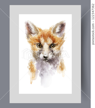 Wild fox with red fur looks at viewer as if it were prey on wall art. Watercolor artwork Wild fox with red fur looks at viewer as if it were prey on wall art. Watercolor artwork 122347362