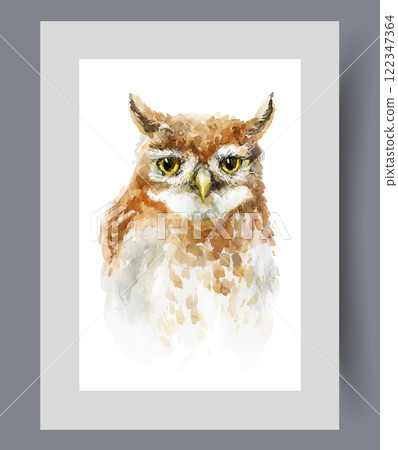 Owl bird with fierce look looking for prey looks at viewer on print. Watercolor artwork Owl bird with fierce look looking for prey looks at viewer on print. Watercolor artwork 122347364