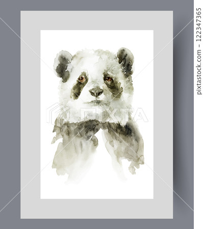 Panda or bamboo bear with black and white body coloring on print. Watercolor artwork Panda or bamboo bear with black and white body coloring on print. Watercolor artwork 122347365