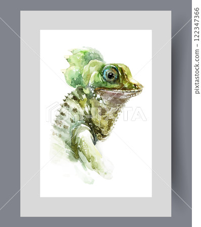 Green iguana lizard with big eye and scaly skin on body on wall art. Watercolor artwork 122347366