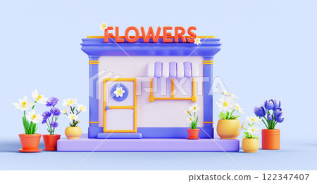 3d Flower shop facade with window, front door and floral plants in pots. Florist store building exterior with cute flowerpots on city street render cartoon background. Small business. 3D illustration 3d Flower shop facade with window, front door and floral plants in pots. Florist store building exterior with cute flowerpots on city street render cartoon background. Small business. 3D illustration 122347407