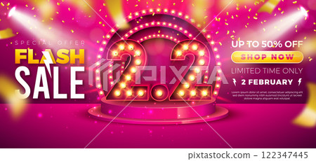 2 February Shopping Day Flash Sale Design with 3d 2.2 Light Bulb Billboard Number and Stage Podium on Red Background. Vector Special Offer 50 Percent Off Campaign Discount Illustration for Coupon 122347445