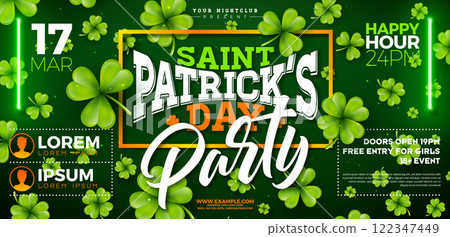Saint Patrick's Day Party Banner Illustration with Falling Clover Leaves on Irish Green Background. Traditional St. Patricks Day Lucky Celebration Vector Design for Flyer, Greeting Card, Web Banner Saint Patrick's Day Party Banner Illustration with Falling Clover Leaves on Irish Green Background. Traditional St. Patricks Day Lucky Celebration Vector Design for Flyer, Greeting Card, Web Banner 122347449