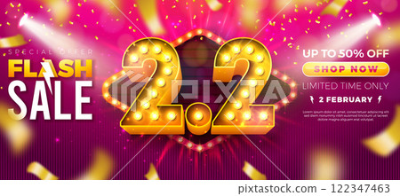 2 February Shopping Day Flash Sale Design with 3d 2.2 Light Bulb Billboard Number and Falling Confetti on Red Background. Vector Special Offer 50 Percent Off Campaign Discount Illustration for Coupon 2 February Shopping Day Flash Sale Design with 3d 2.2 Light Bulb Billboard Number and Falling Confetti on Red Background. Vector Special Offer 50 Percent Off Campaign Discount Illustration for Coupon 122347463