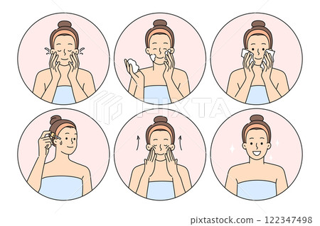 Morning hygiene and cosmetic procedures are used by women to rejuvenate facial skin 122347498