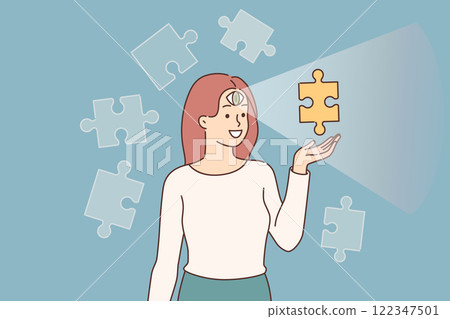 Woman uses intuition to choose right solution from several options, and has third eye in forehead 122347501