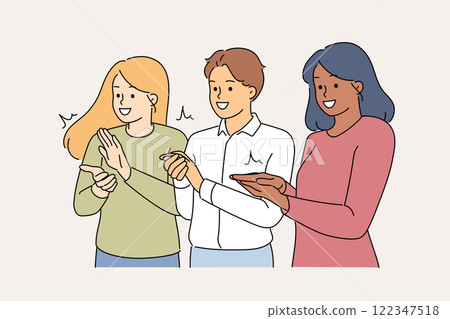 People stand in row applauding to show appreciation for good performance at business conference People stand in row applauding to show appreciation for good performance at business conference 122347518