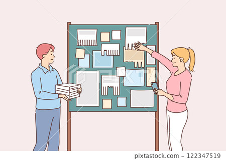 Man and woman are posting advertisements on board, trying to find new clients and customers Man and woman are posting advertisements on board, trying to find new clients and customers 122347519