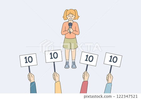 Children competition for girls to perform in front of jury and receive high marks for talents 122347521