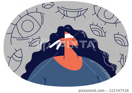 Blindfolded woman feel stalked with numerous eyes 122347526