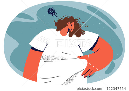 Unhappy overweight woman touch fat on belly 122347534