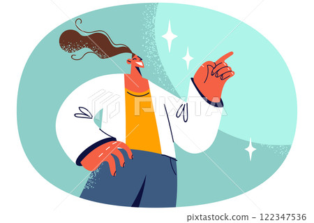 Smiling woman point at copy space 122347536