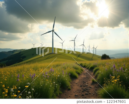 Sustainable power. Wind turbines on the hill 122347601