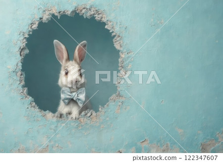 white bunny wearing a bow tie peeking out from hole in the wall. 122347607