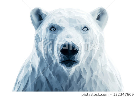 Low poly polar bear face with geometric accents glowing on clean white background. 122347609
