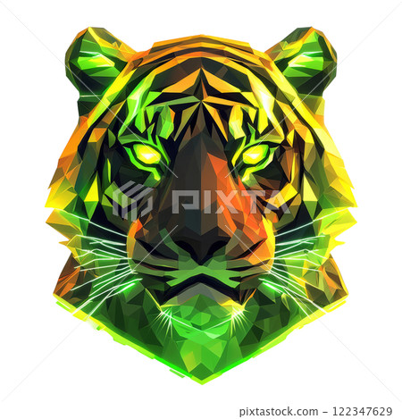 Tiger with green and yellow glowing stripes and geometric motifs,  low poly on a white background. 122347629