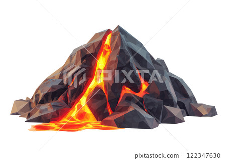 volcano with glowing red lava cracks, low poly on a white background 122347630