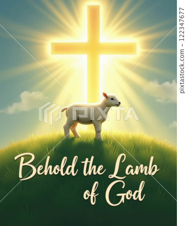 lamb standing on a grassy calvary hill with a glowing cross in the background lamb standing on a grassy calvary hill with a glowing cross in the background 122347677
