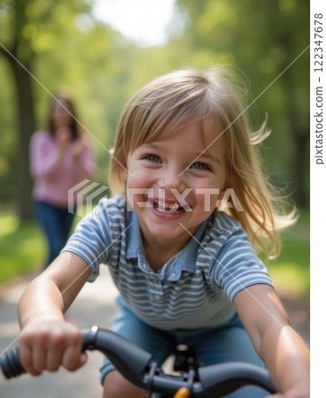Child riding a bicycle without assistance for the first time Child riding a bicycle without assistance for the first time 122347678
