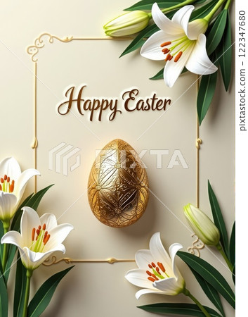 a greeting card with golden easter egg and spring flowers a greeting card with golden easter egg and spring flowers 122347680