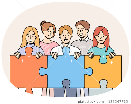 Friendly team people hold puzzle pieces symbolizing working together to solve business problems Friendly team people hold puzzle pieces symbolizing working together to solve business problems 122347713