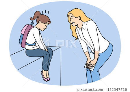 Woman teacher supports and motivates sad child who has problems with socialization Woman teacher supports and motivates sad child who has problems with socialization 122347716