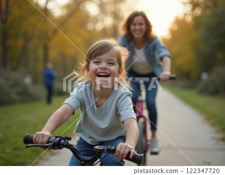 little child and mother cycling together in park little child and mother cycling together in park 122347720