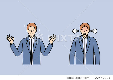 Calm meditating man turns into angry businessman due to constant problems in career 122347795