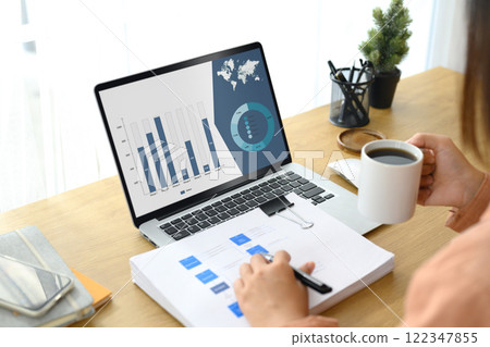 Professional businesswoman reviewing detailed analytics displayed on laptop screen 122347855