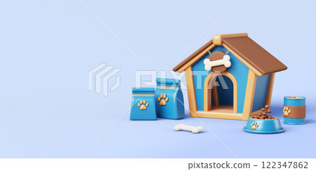 Pet sitter service 3d banner. Dog house with bowl, feed bag, tin can, bone on blue background render. Offer pet sitting business. Help to care and walking for domestic animals concept. 3D illustration 122347862